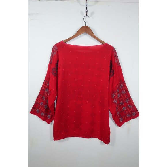 Johnny Was Red Rayon Embroidered Aztec Geometric Bohemian Tunic Top Shirt Large - Picture 6 of 9